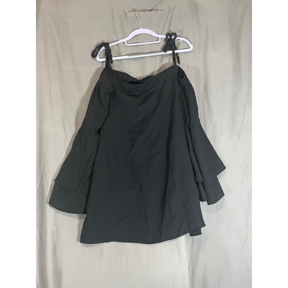 The Royal Standard Black‎ Cold Shoulder Tiered Bell Sleeve Tie Neck Top XL